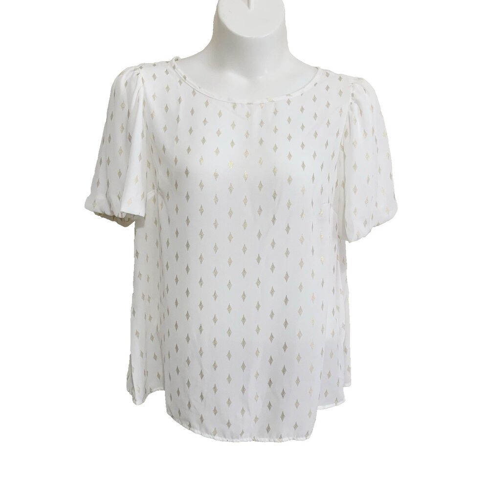 Poppi Blouse Top Womens Size 1X White / Gold Diamond Short Sleeve Lightweight